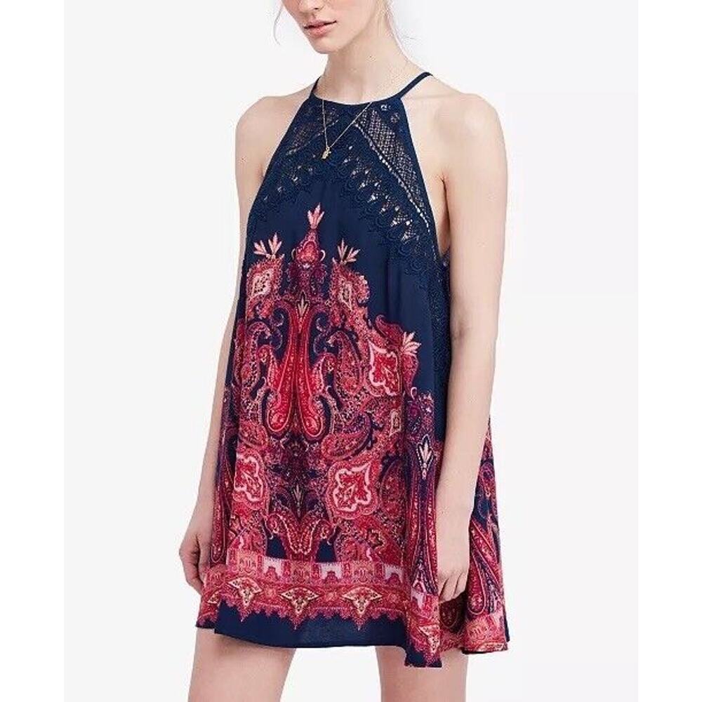 Free People Women's Shea Paisley Navy Pink Rayon Lace Mini Sundress - Size SP